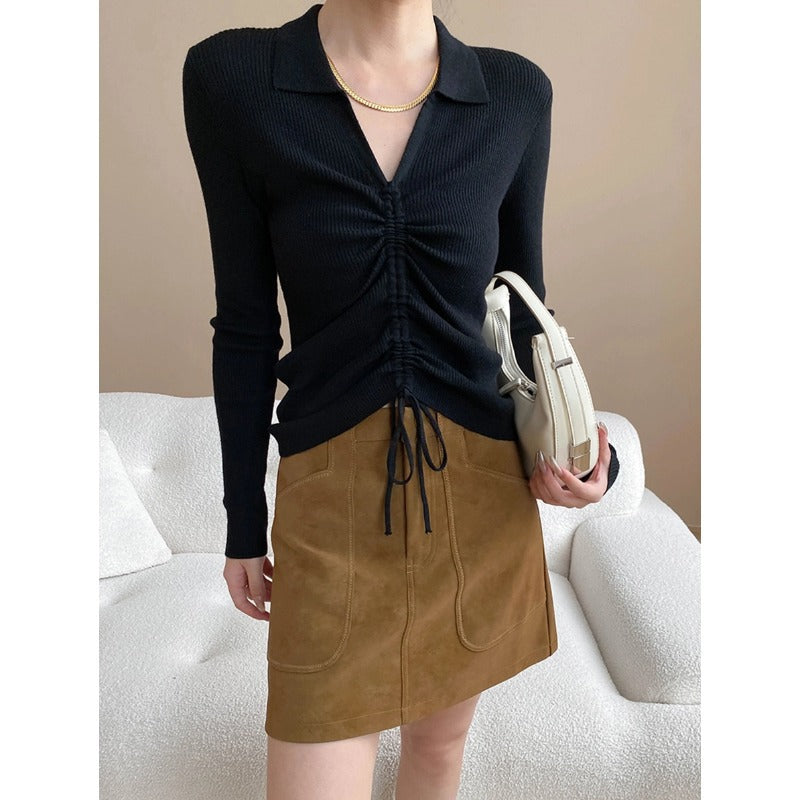 Damen Rippenshirt Figurbetont Schnürdetails Eveloria - Eveloria