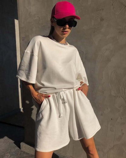 Damen Sommer-Set aus Shorts und Oberteil mit Taschen Beige