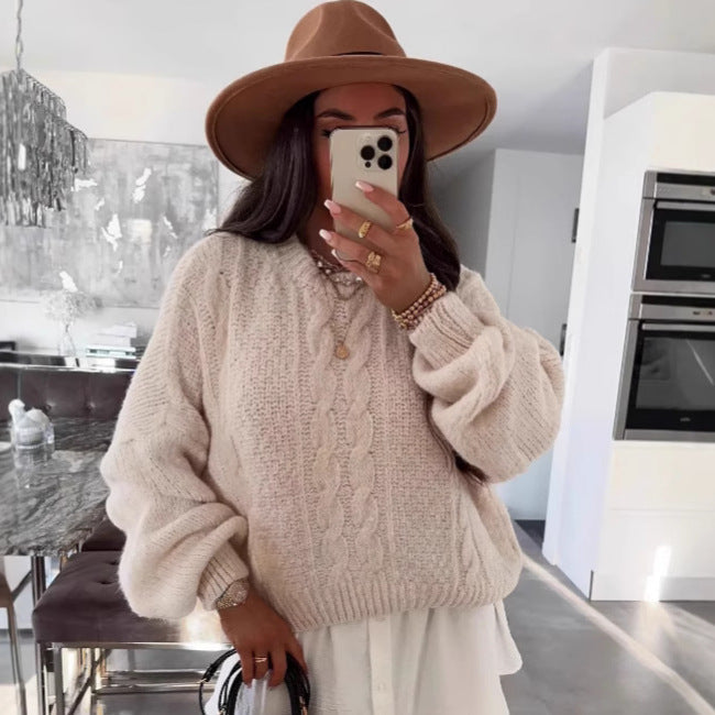 Damen Grobstrickpullover Voluminöse Ärmel Zopfmuster - Eveloria
