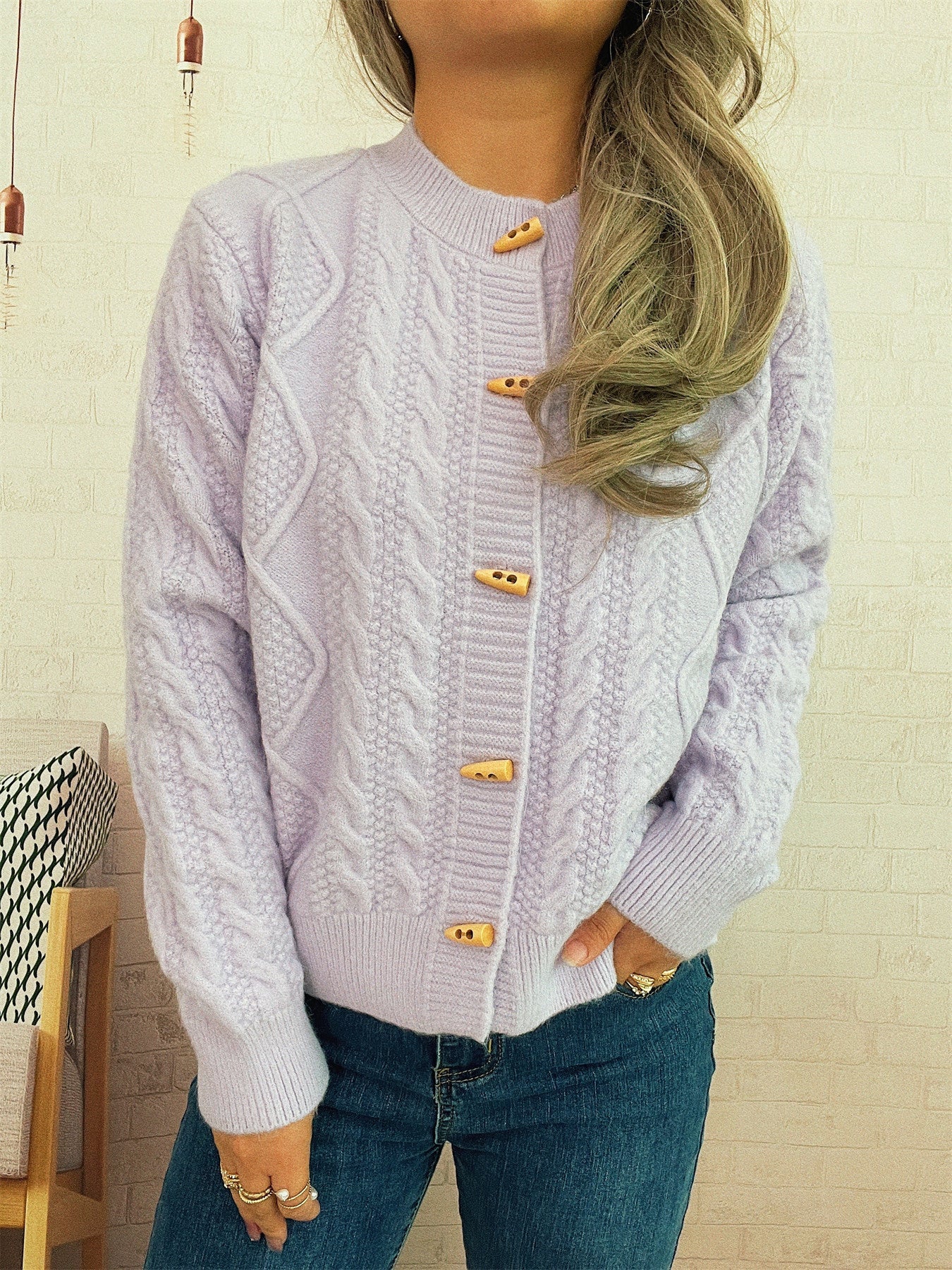 Damen Strickcardigan Weich Nautisches Design Beige Holzknöpfe