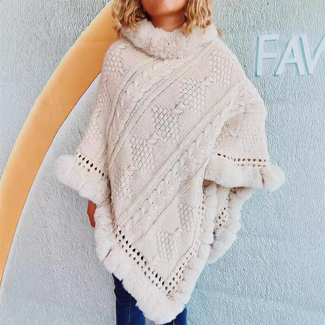 Damen Strickponcho Weiches Fell Dekorative Zöpfe Braun - Eveloria