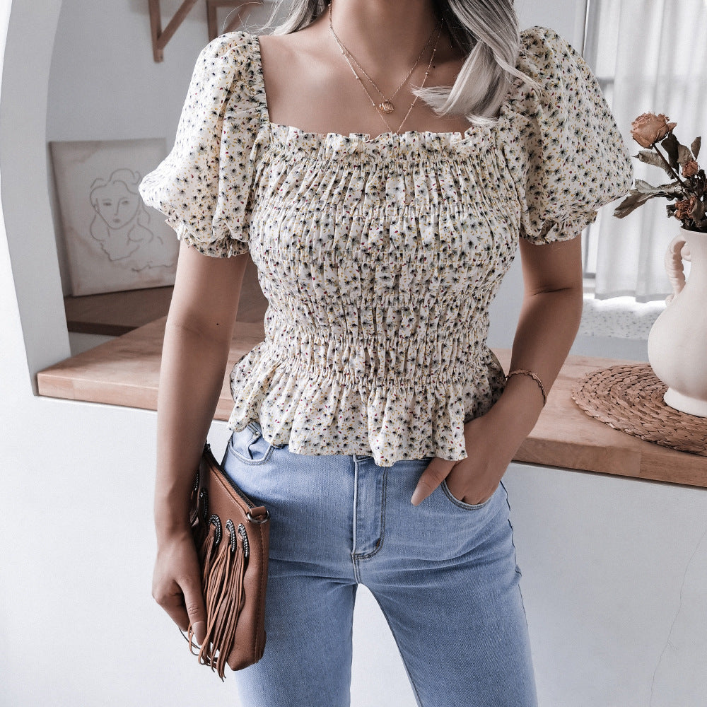 Damen Volantbluse Elastisch Puffärmel Eveloria