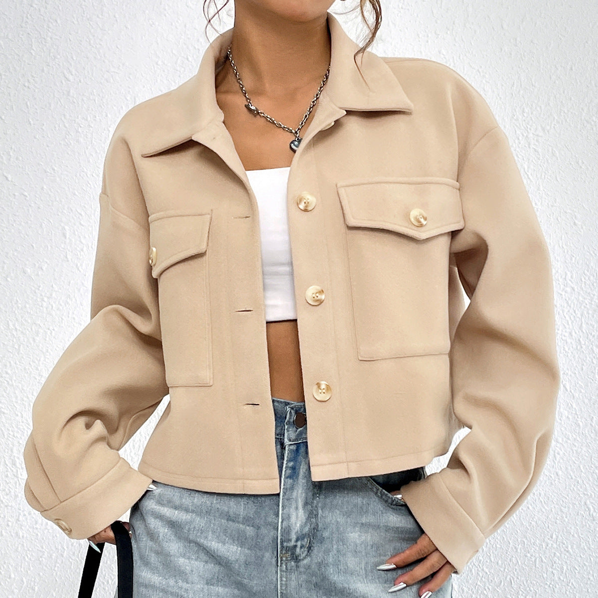 Damen Chino-Jacke Lässig Knopfdetails Praktische Taschen Beige