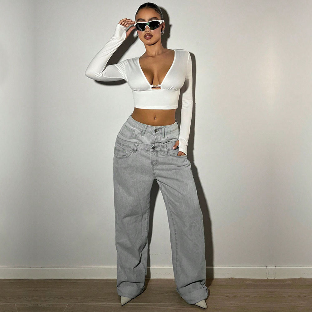 Damen Cropped Langarmtop V-Ausschnitt Dekorative Schnalle
