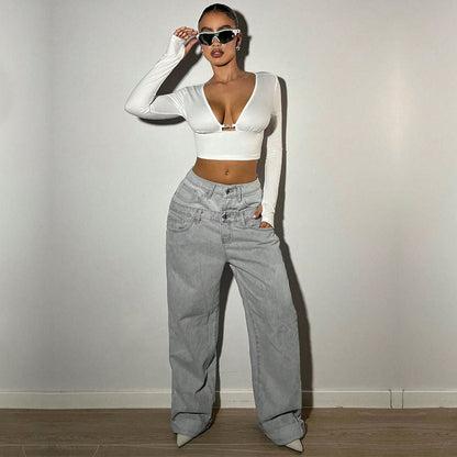 Damen Cropped Langarmtop V-Ausschnitt Dekorative Schnalle