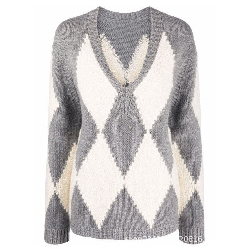 Damen Strickpullover V-Ausschnitt Zickzackmuster