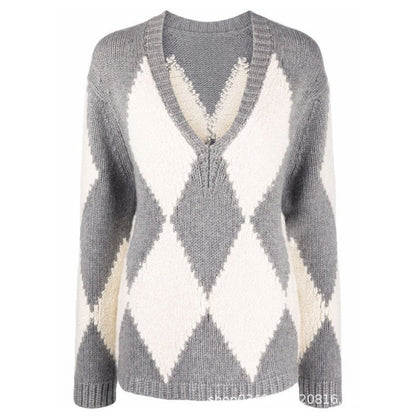 Damen Strickpullover V-Ausschnitt Zickzackmuster
