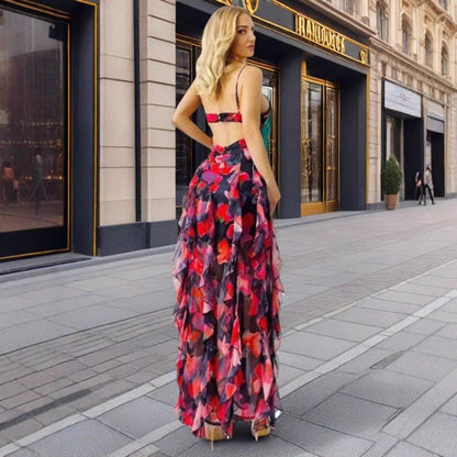 Damen Maxikleid Florale Rüschen Tiefes Dekolleté