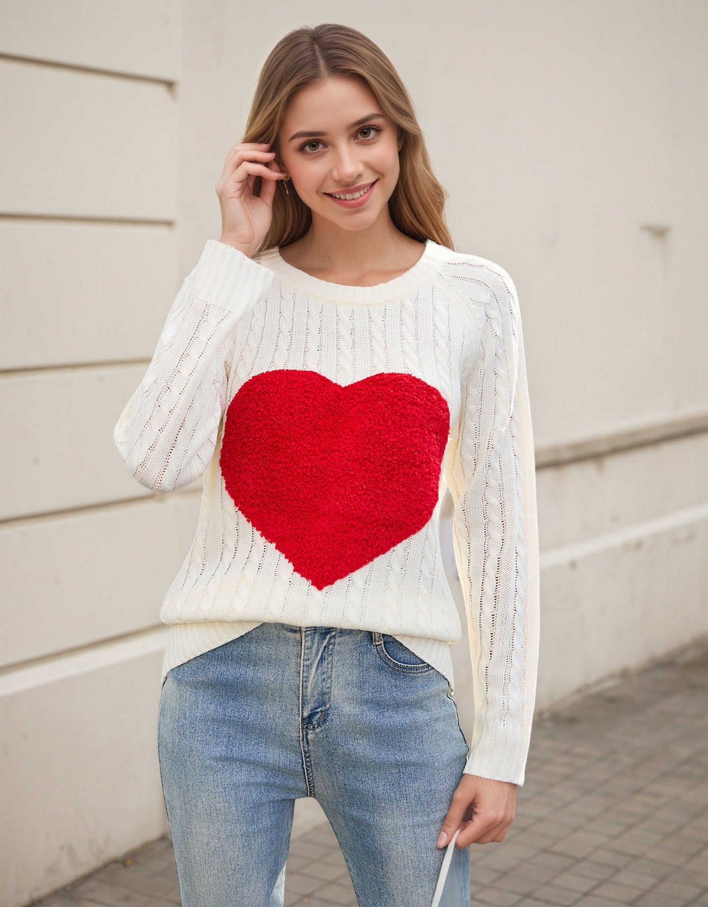 Damen Strickpullover Luftige Maschenstruktur Herz-Applikation