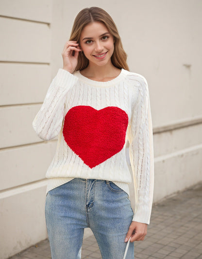 Damen Strickpullover Luftige Maschenstruktur Herz-Applikation