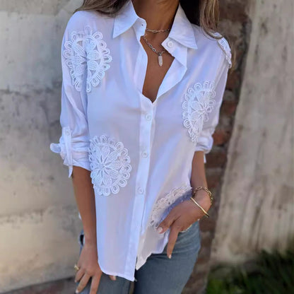 Damen Bluse Spitzenapplikationen Elegantes Design Weiße Eveloria