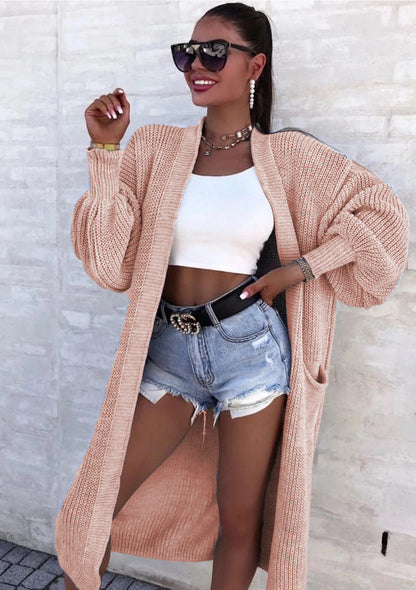 Damen Strickmantel Lang Weite Ärmel Taschen Beige