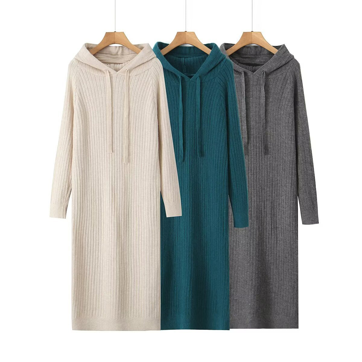 Damen Strickhoodiekleid Kapuze Rippenmuster Eveloria