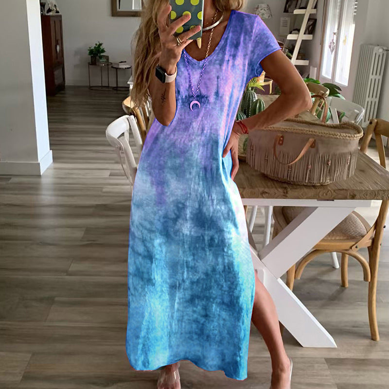 Damen Maxikleid Langarm V-Ausschnitt Tie-Dye