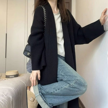 Damen Strickmantel Lang Ärmig Weich Beige
