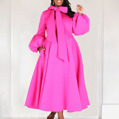 Damen Midi-Kleid Länge Knie, lange Puffärmel, elegante Schleife