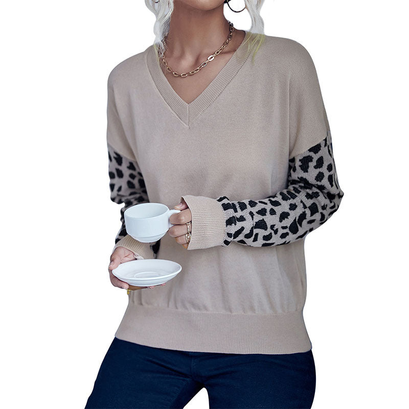 Damen Strickpullover V-Ausschnitt Leopardenmuster Ärmel
