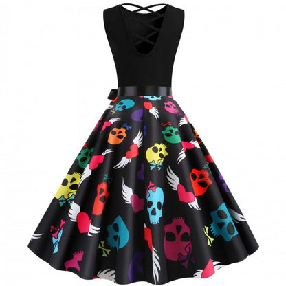 Damen Swingkleid bunt Totenkopf-Design Baumwolle Bindegürtel