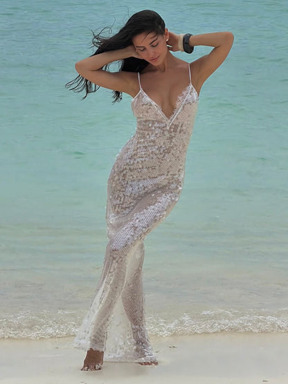 Damen Strandkleid Glitzernd V-Ausschnitt Spaghettiträger Eveloria