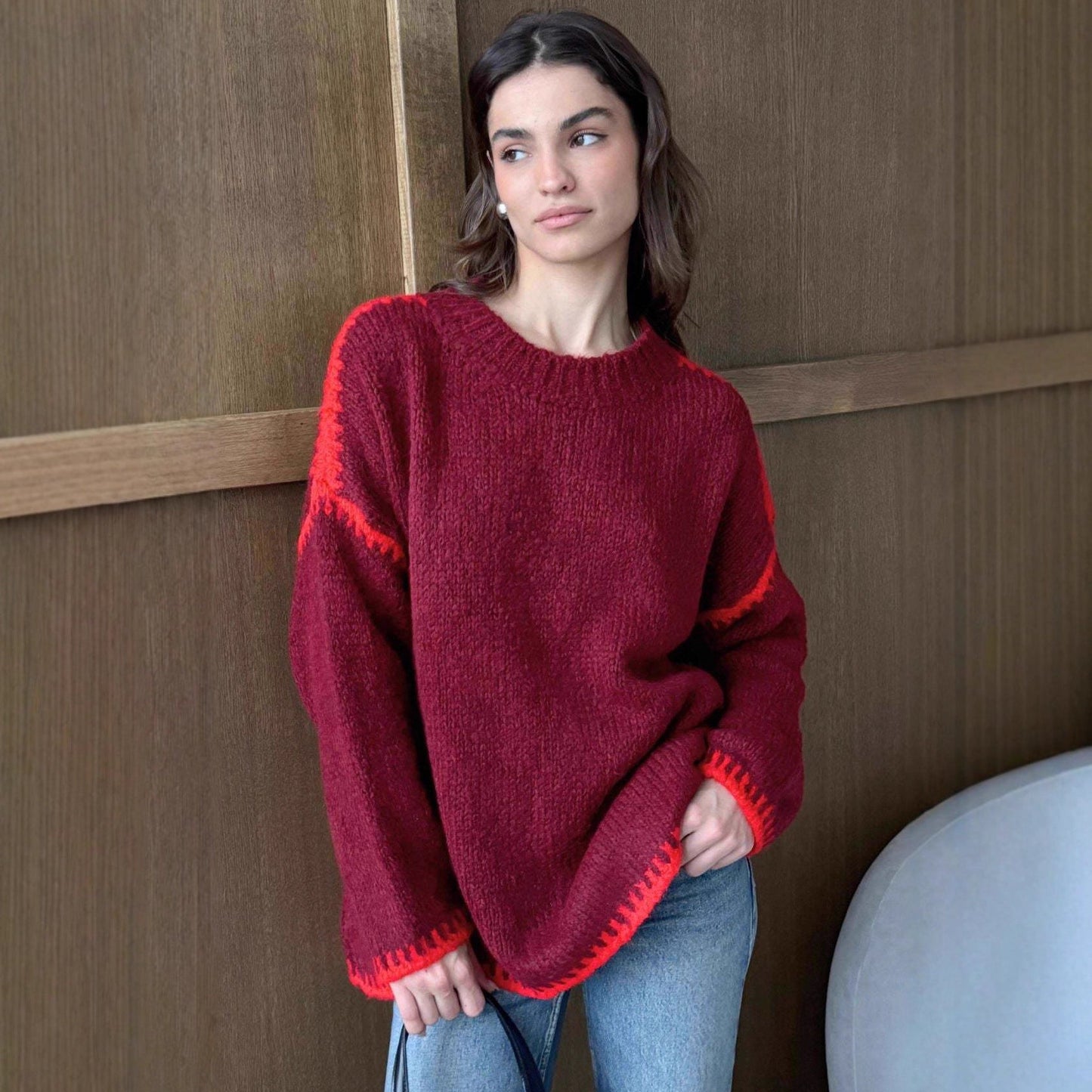 Damen Strickpullover Lässig Farbakzent Saum Eveloria