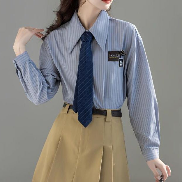 Damen Bluse Gestreift Klassisch Moderner Kragen Weiß