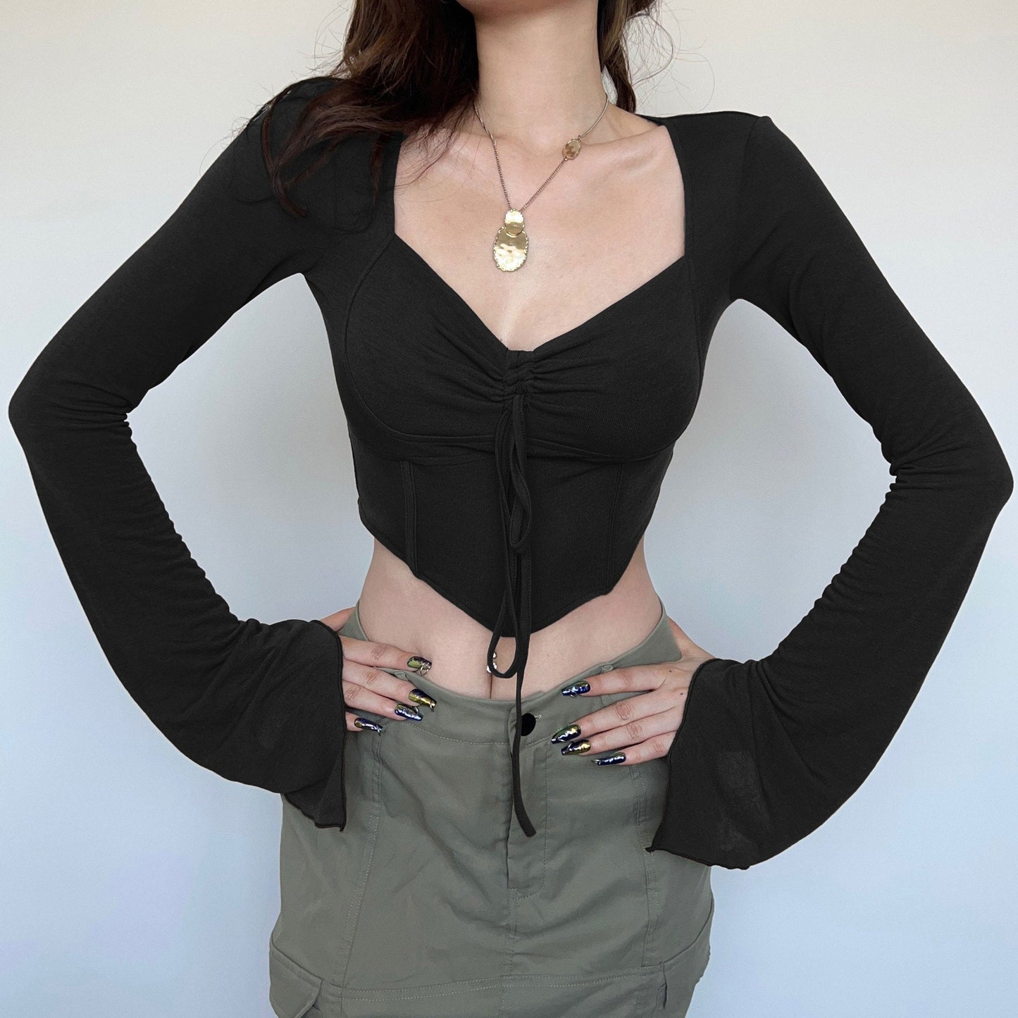 Damen Cropped- Raffung Ausgestellte Ärmel Eveloria