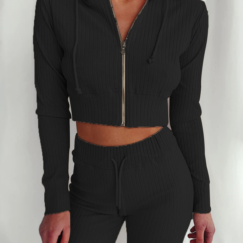 Damen Sportliches Hoodie-Set Feines Rippdesign Hochwertig Beige