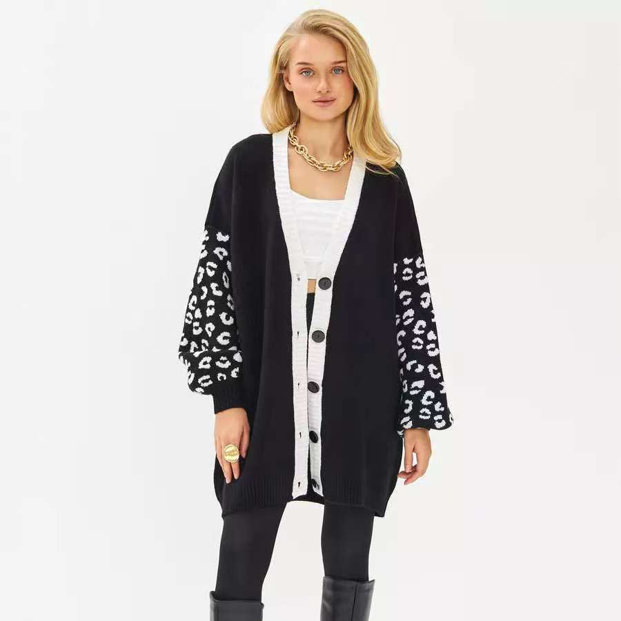 Damen Cardigan Extralang Tiermuster Knöpfe