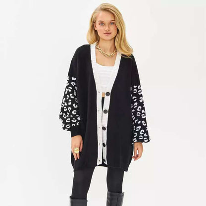 Damen Cardigan Extralang Tiermuster Knöpfe