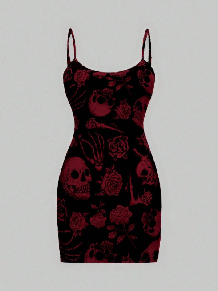 Damen Minikleid Totenkopf Rosen Motiv