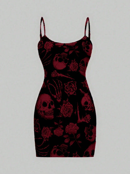 Damen Minikleid Totenkopf Rosen Motiv