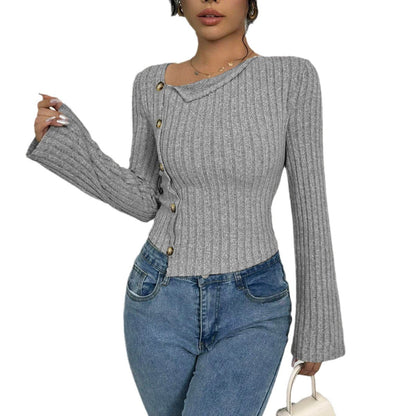 Damen Pullover Asymmetrischer Ausschnitt Knöpfe Beige