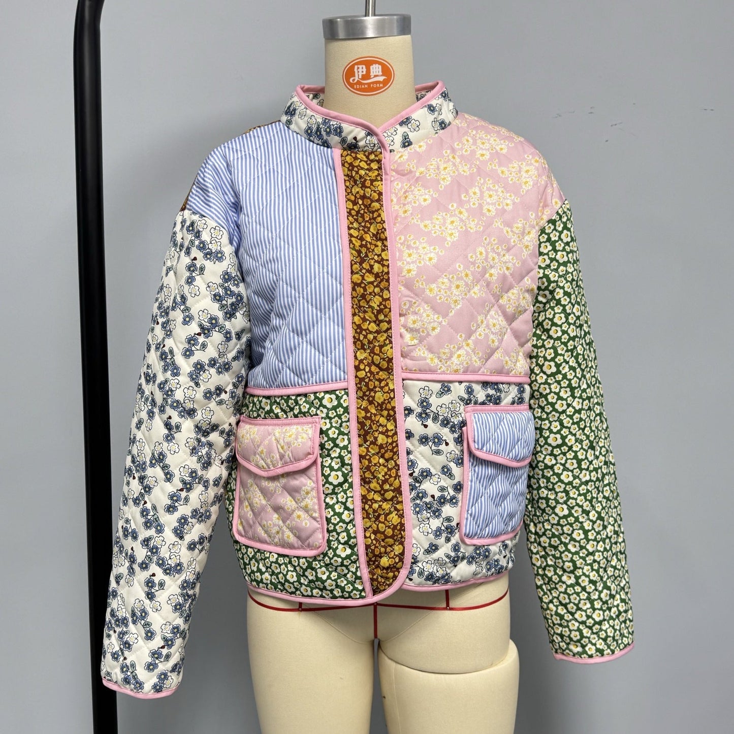 Damen Steppjacke Patchwork Muster Bunt