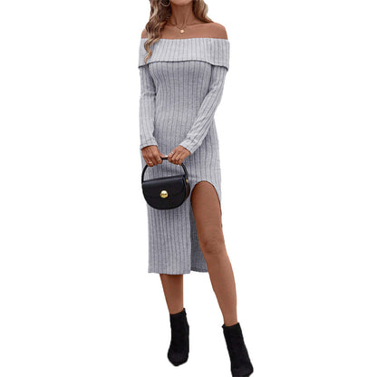 Damen Maxikleid Langärmlig Schulterfrei mit Seitenschlitz Eveloria