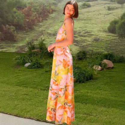 Damen Maxikleid Florale Blume Tailliert Spaghettiträger Eveloria