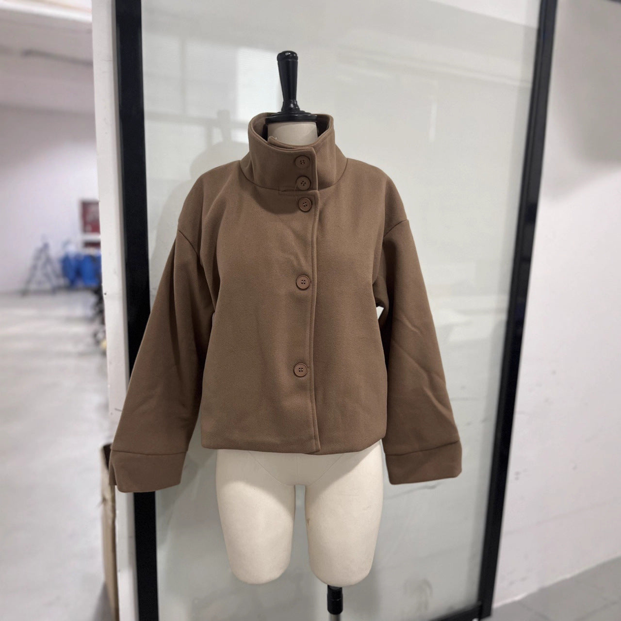 Damen Oversized Jacke Hochschließend Knopfdetails Eveloria