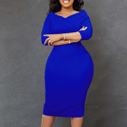 Eveloria Damen Midi-Kleid Figurbetont Asymmetrischer Kragen 3/4-Ärmel