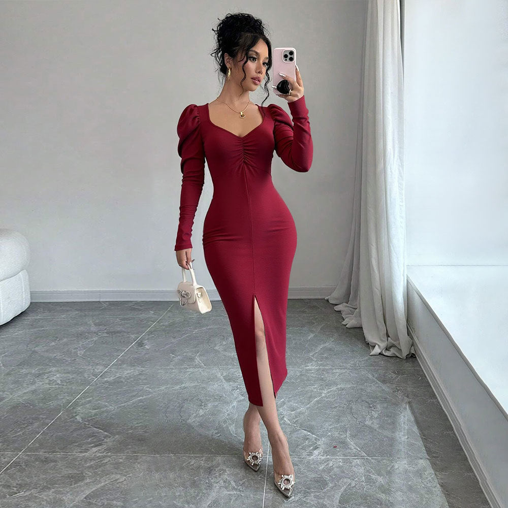 Damen Midi-Kleid Puffärmel Raffierter Schlitz Eveloria - Eveloria