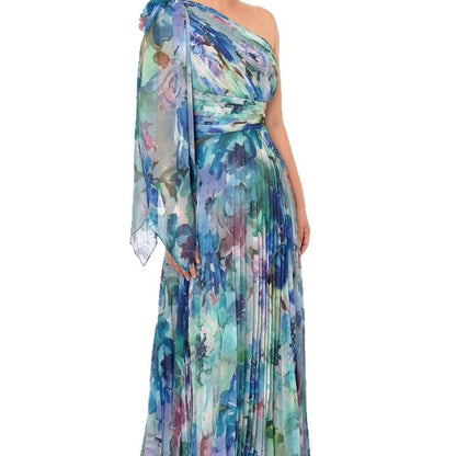 Damen Schulterfreies Maxikleid Floralmuster Faltenrock