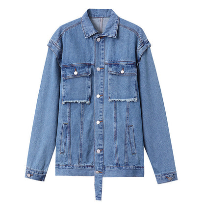Damen Denimjacke Übergangsjacke mit Knöpfen und Taschen Blau