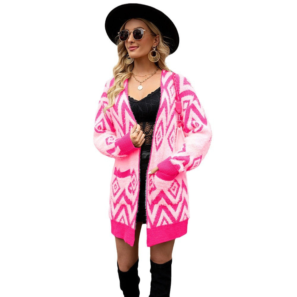 Damen Strickjacke V-Ausschnitt Geometrisches Muster Eveloria