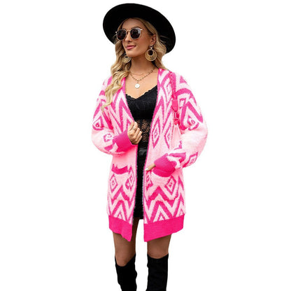 Damen Strickjacke V-Ausschnitt Geometrisches Muster Eveloria