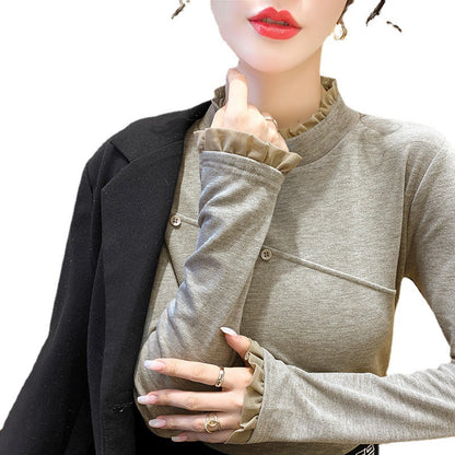 Damen Longsleeve-Shirt Dekorativ Knöpfe Raffungen Eveloria