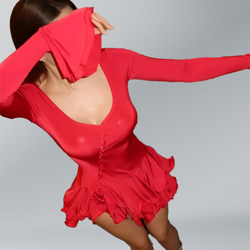 Damen Minikleid Rüschen Druckknopfverschluss