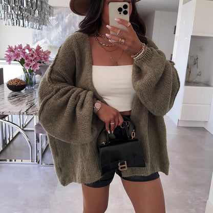 Damen Strickjacke Oversize Voluminöse Ärmel Beige