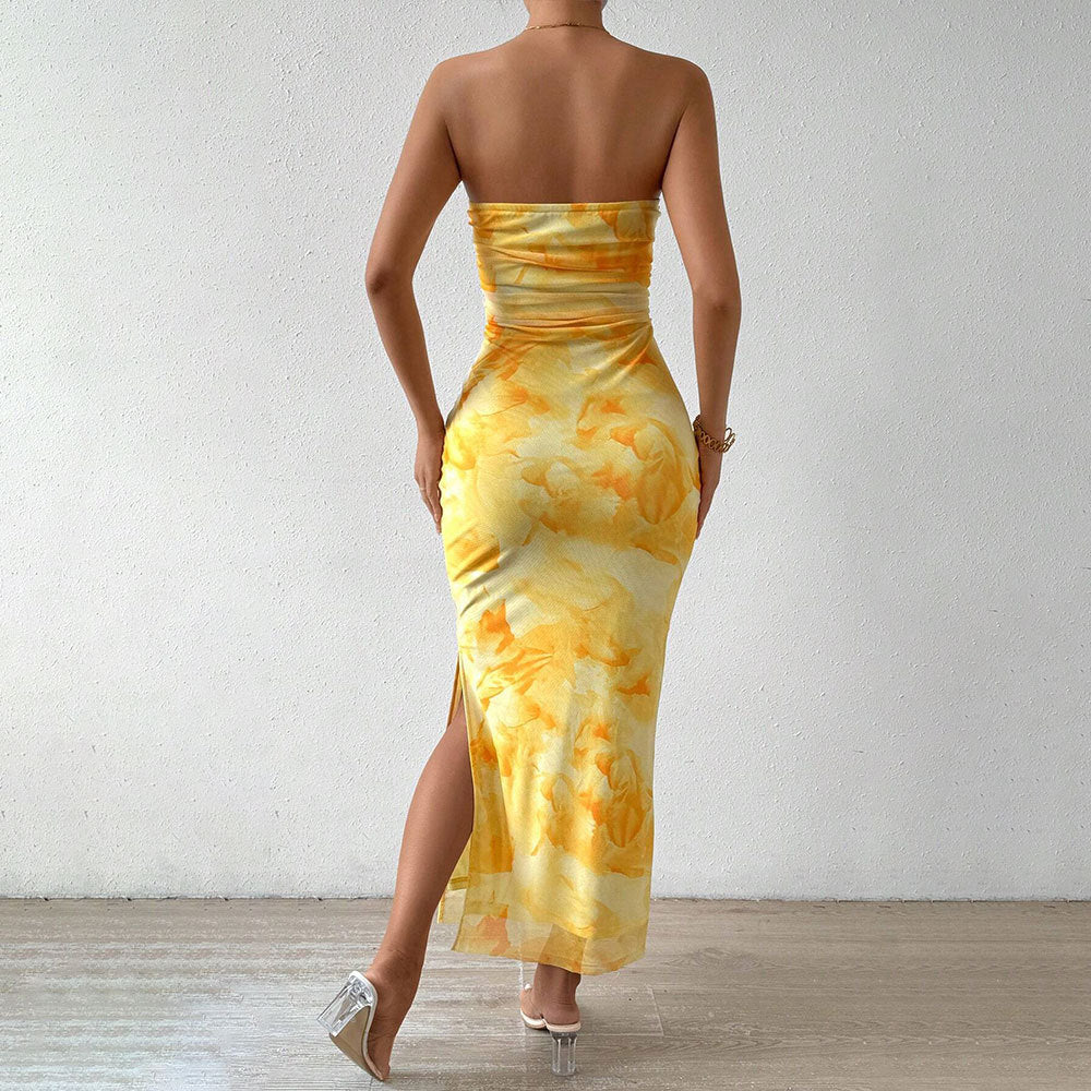 Damen Maxikleid mit Bandeau-Ausschnitt und hohem Schlitz Lang Eveloria