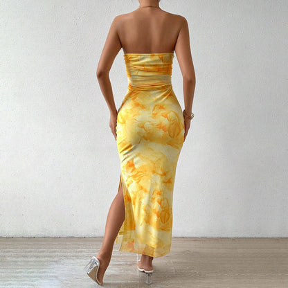 Damen Maxikleid mit Bandeau-Ausschnitt und hohem Schlitz Lang Eveloria
