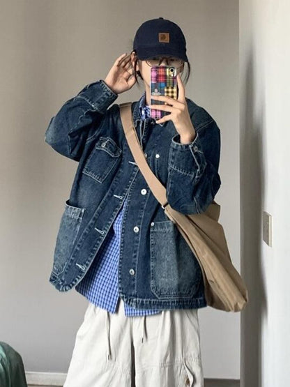 Damen Denim-Jacke Modisch Große Taschen Blau Eveloria