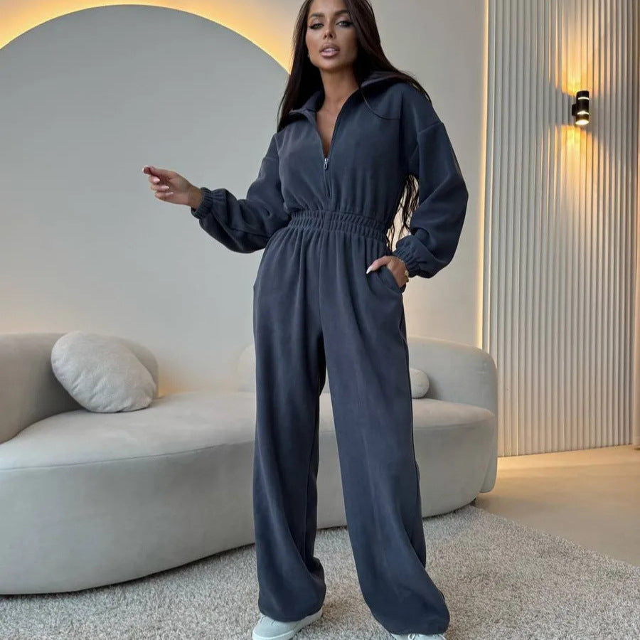 Damen Sportlicher Jumpsuit High-Waist verdeckter Reißverschluss