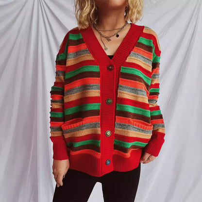 Damen Strickjacke Bunt Streifenmuster Locker Eveloria